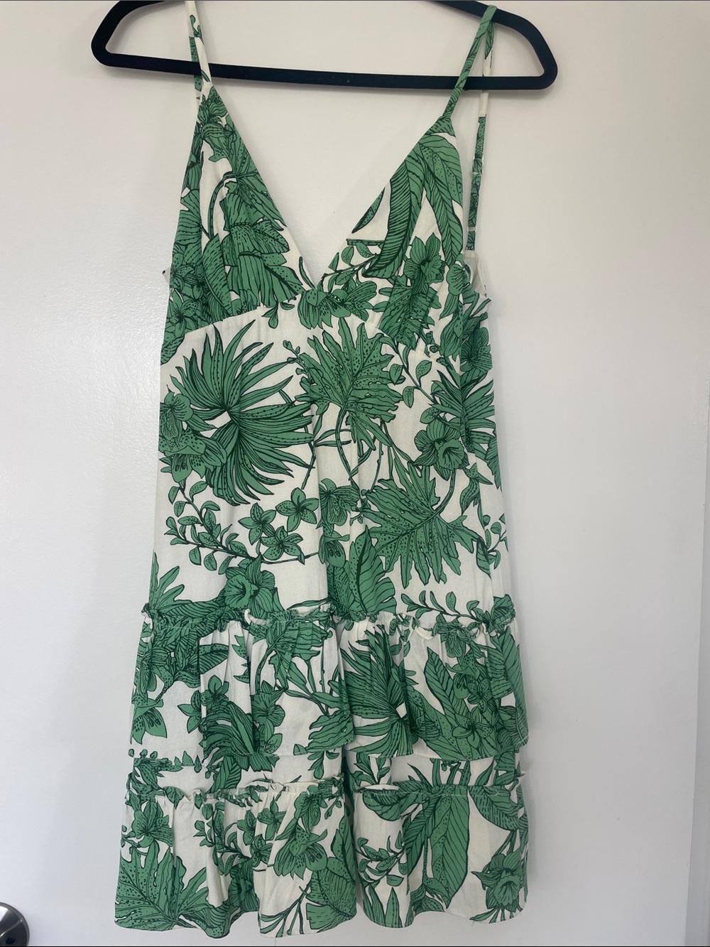 Aqua White Mini Dress with Green Tropical Print